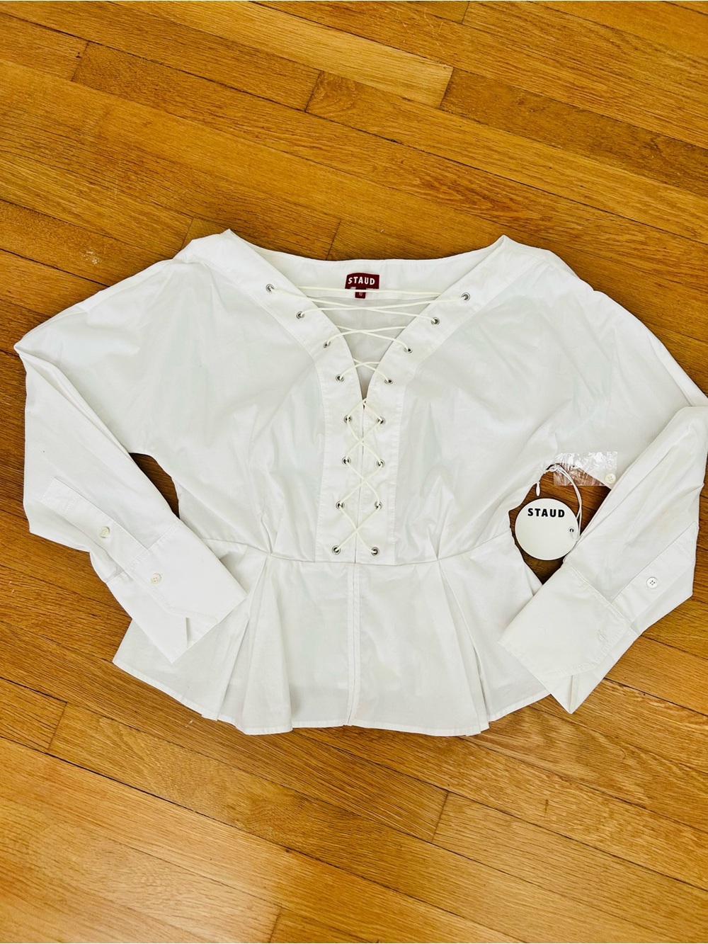 STAUD White Lace-Up Peplum Top